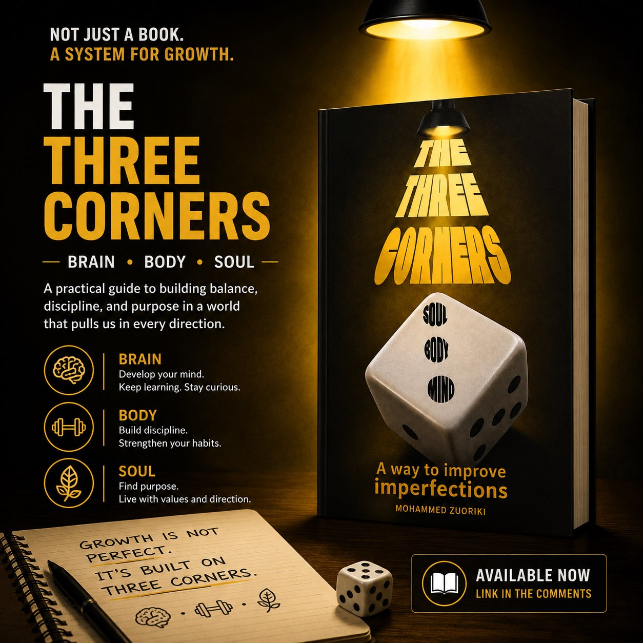 The Three Corners book cover — a practical guide to building balance, discipline, and purpose across Brain, Body, and Soul