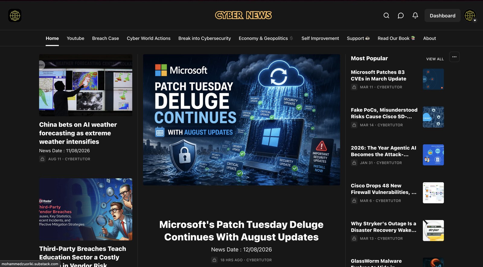 Cyber News website homepage showing articles on Microsoft's Patch Tuesday, third-party vendor breaches, and AI weather forecasting
