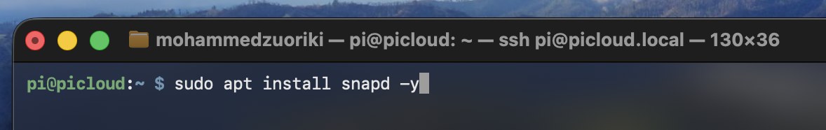 Terminal with the sudo apt install snapd command prepared