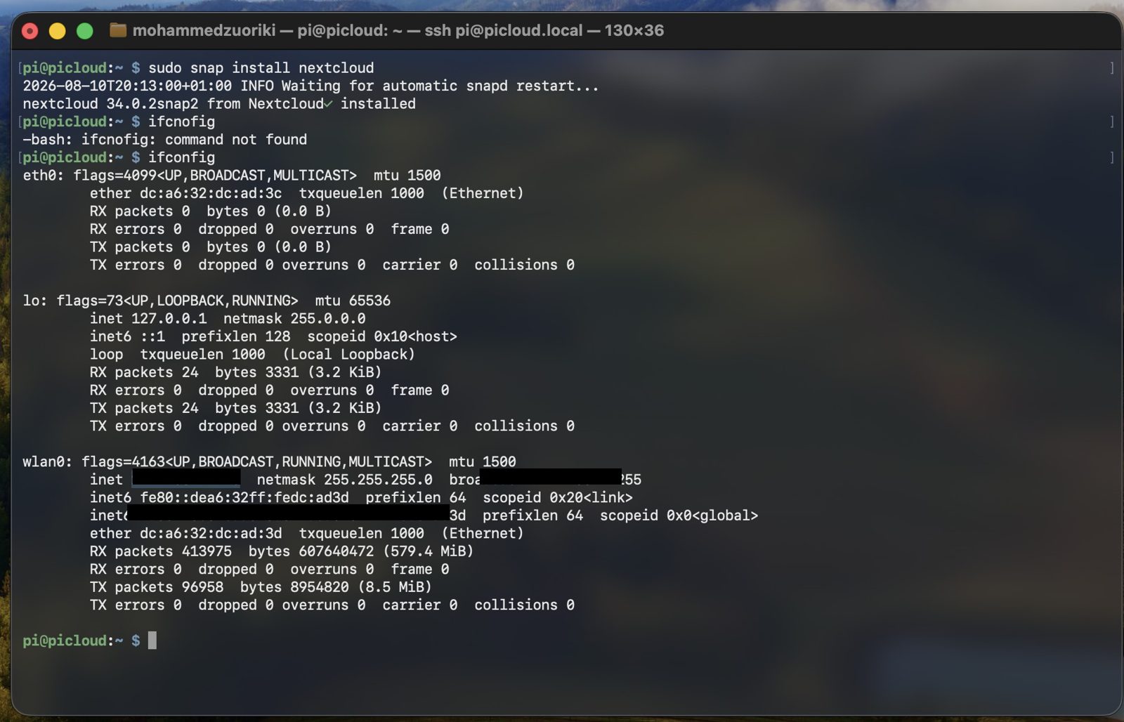 Terminal output showing network interfaces with IP details redacted