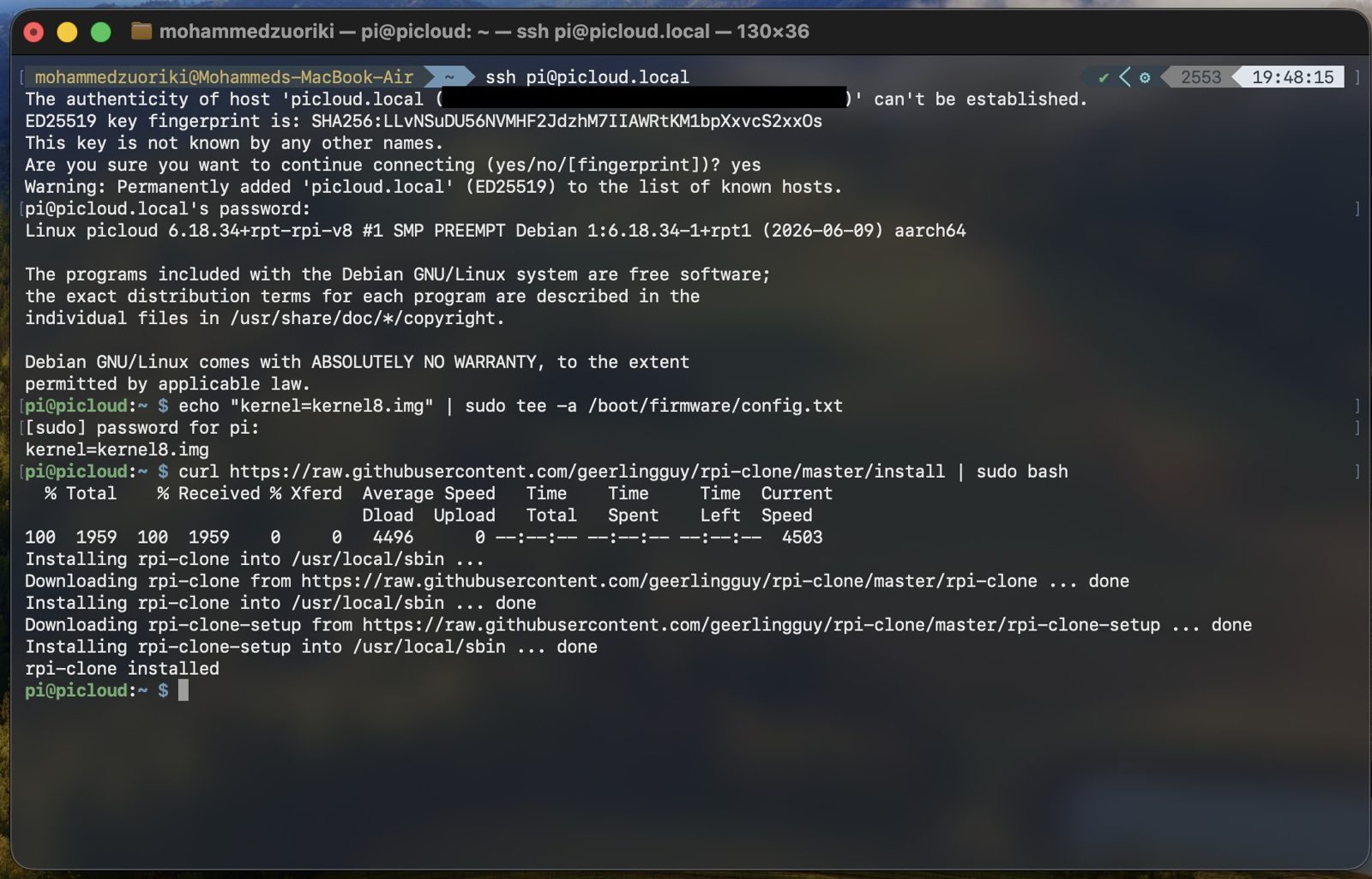 Terminal showing the kernel config line being appended and rpi-clone being downloaded and installed into /usr/local/sbin