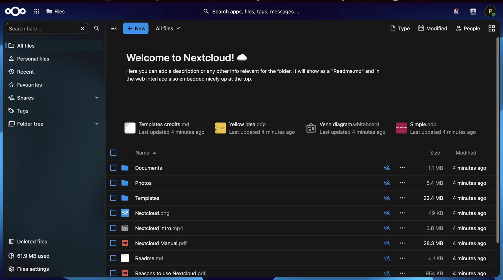 Nextcloud dashboard after successful first deployment
