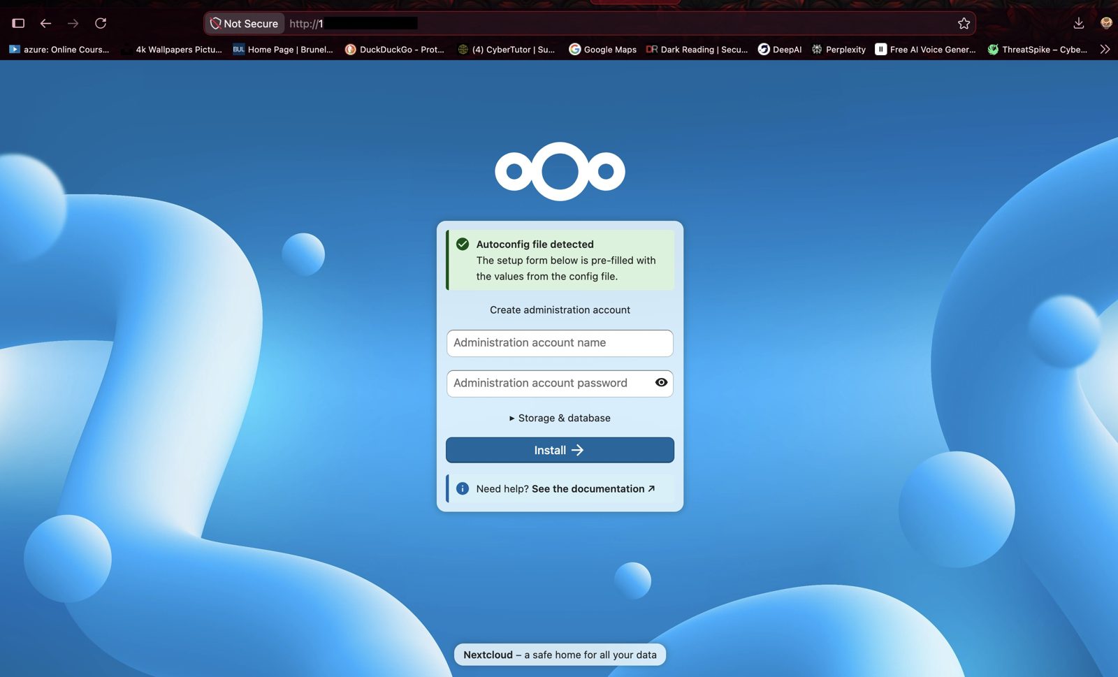 Nextcloud first-run setup page with URL/IP redacted
