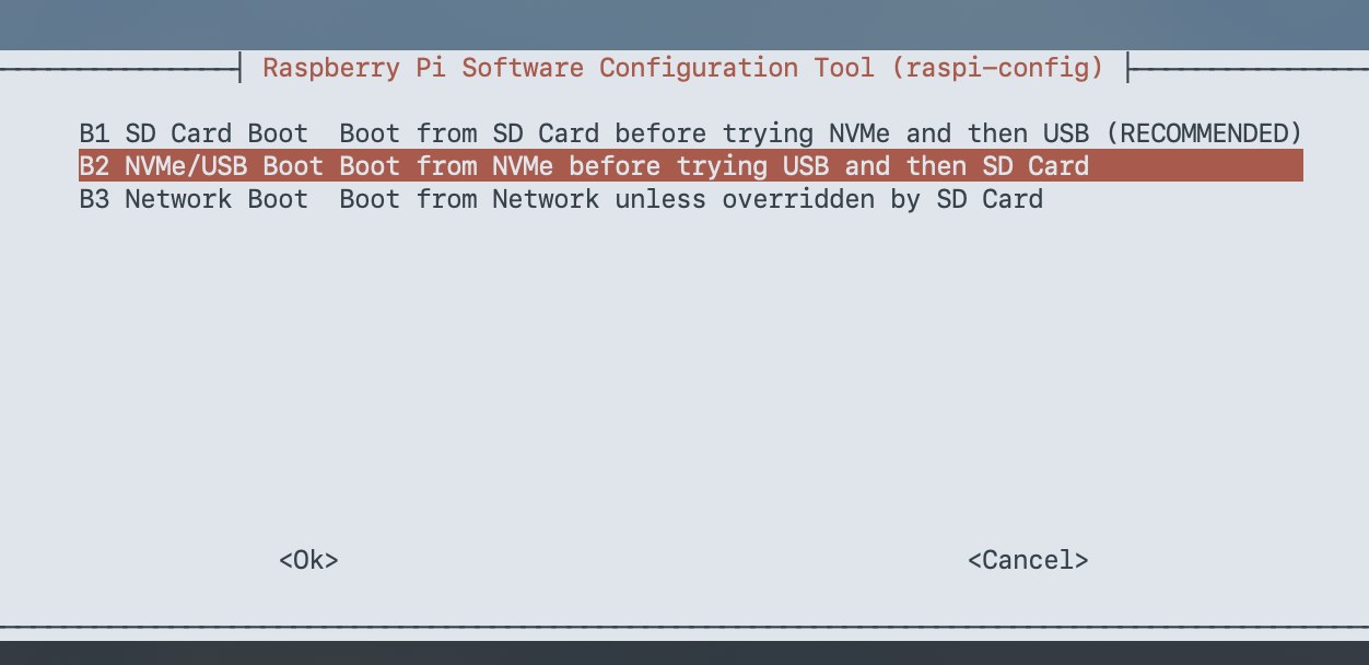 raspi-config Boot Options screen with B2 NVMe/USB Boot selected, so the Pi tries booting from the SSD before falling back to the SD card