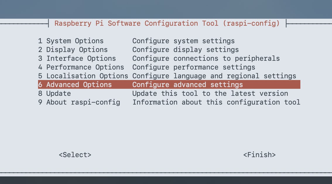 raspi-config main menu with Advanced Options highlighted