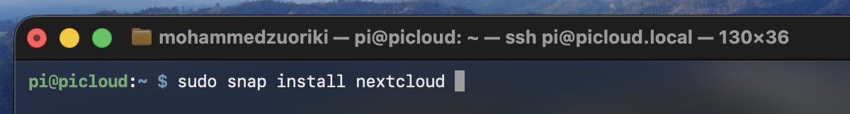 Terminal showing the sudo snap install nextcloud command