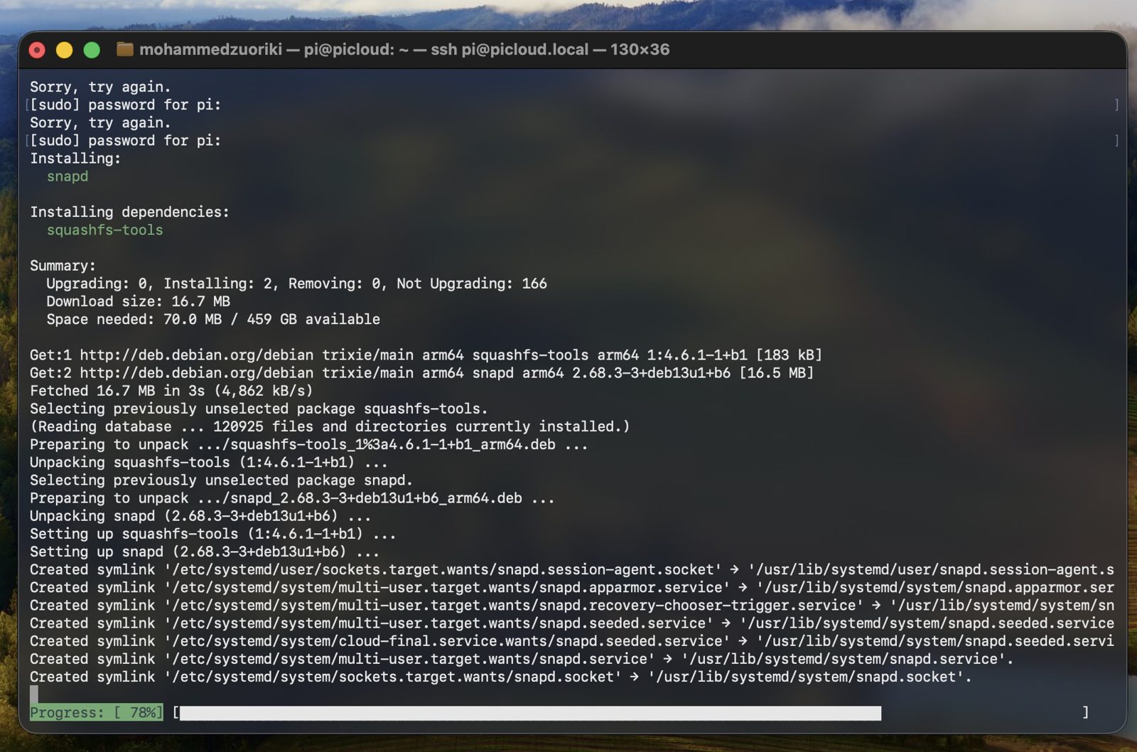 apt output installing snapd and required dependencies