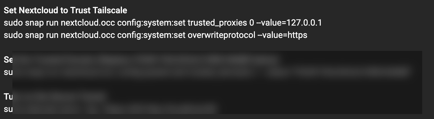 Terminal screenshot showing Nextcloud trusted domain / DNS configuration commands