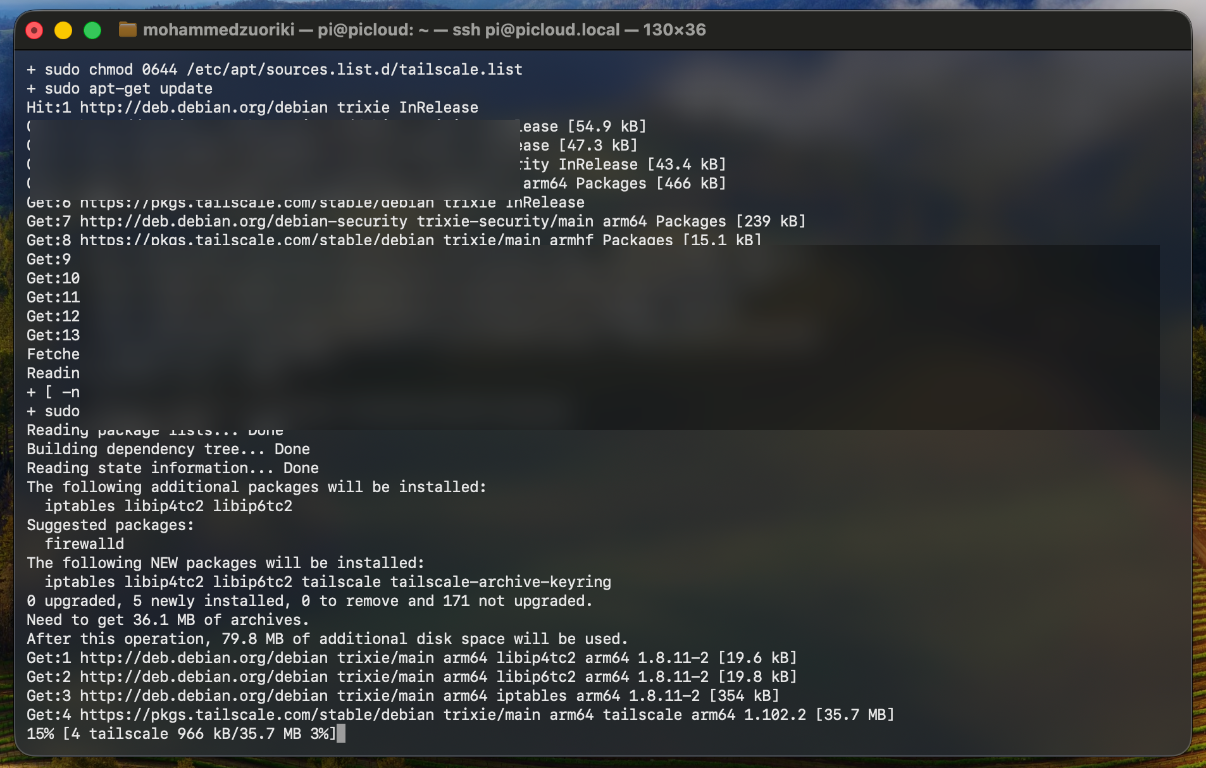 Terminal screenshot showing the tailscale up command and authentication flow