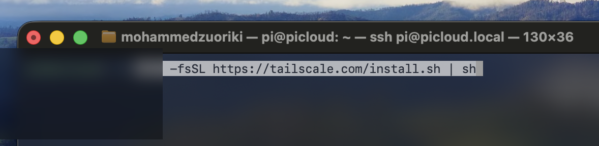 Terminal screenshot showing Tailscale installation commands executed on the Raspberry Pi